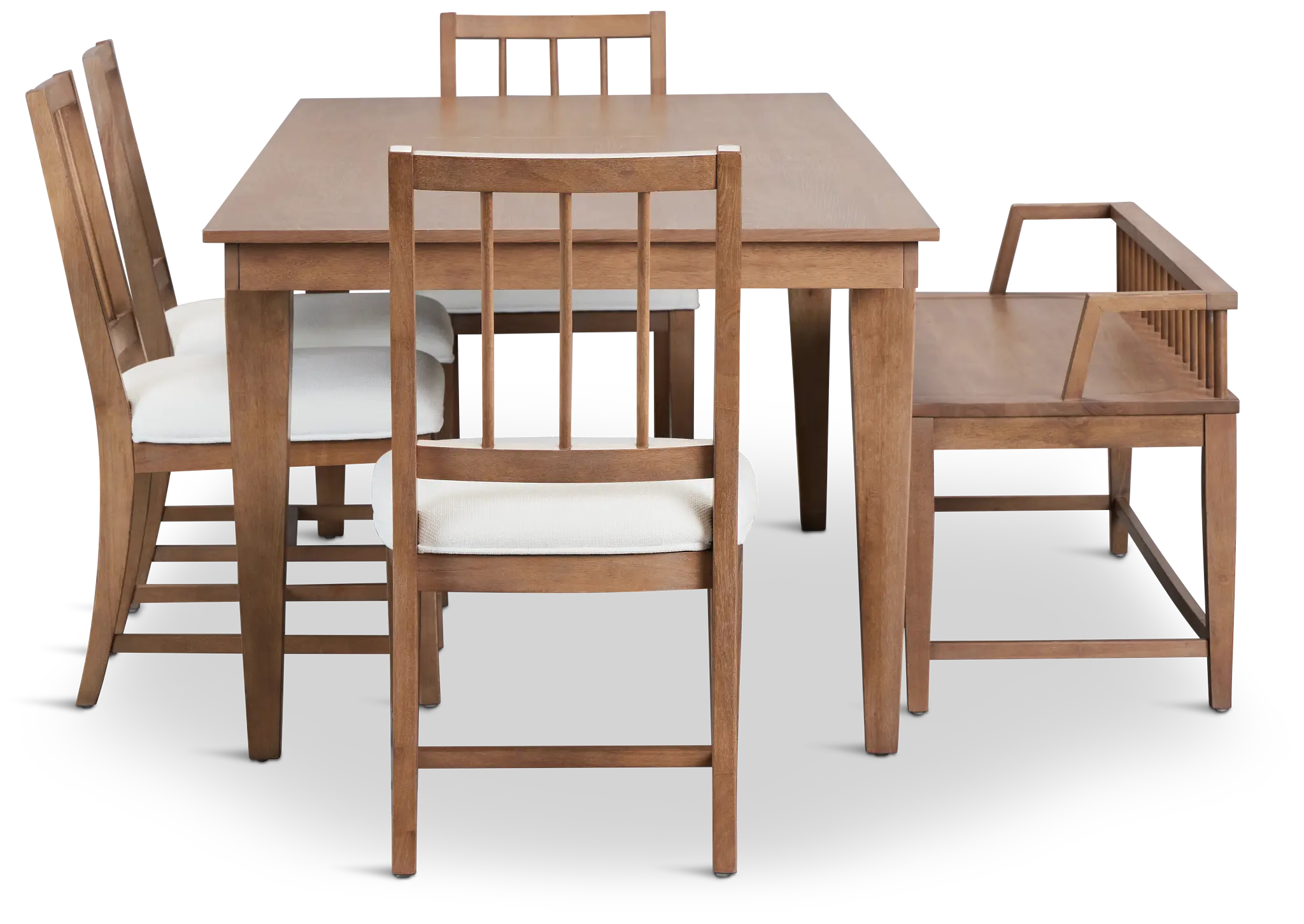 Provo Mid Tone Rect Table, 4 White Chairs & Bench Provo Mid Tone Rect Table, 4 White Chairs & Bench