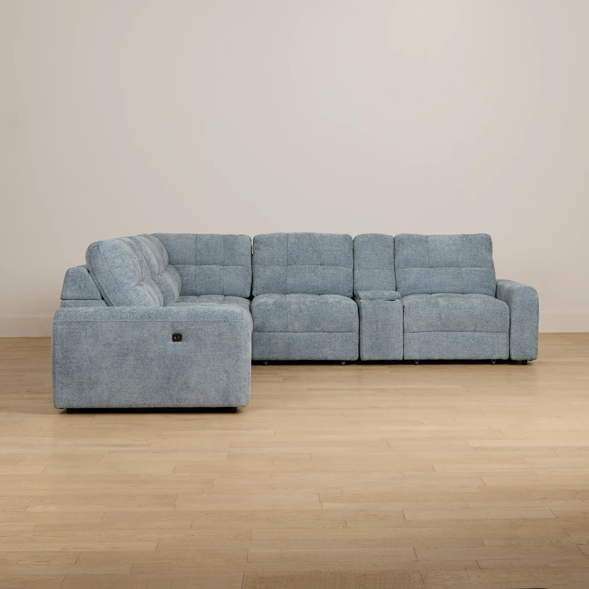 Hendrix Light Blue Fabric Large Tri Power 2 Arm Extension Chaise Sectional
