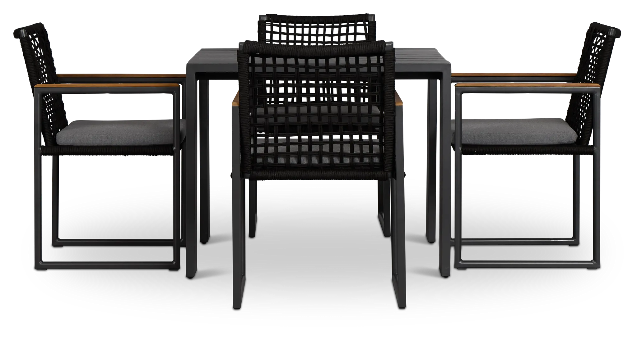 Sunrise Dark Gray 35" Square Table & 4 Teak Arm Chairs