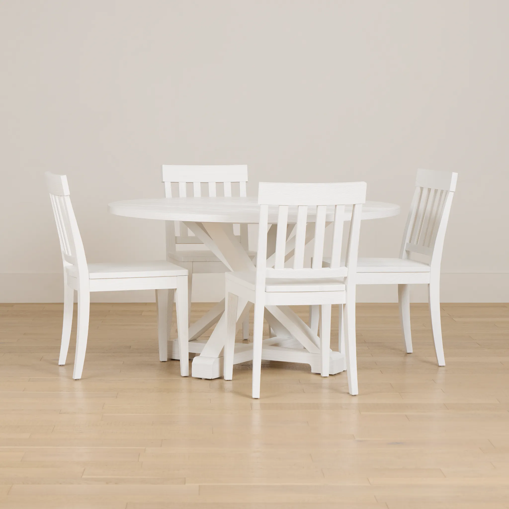 Nantucket White Pine Round Table & 4 Wood Chairs