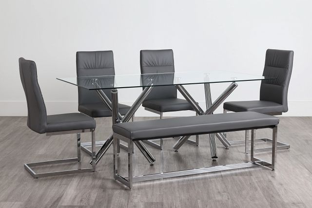Quincy Glass Gray Table, 4 Chairs & Bench