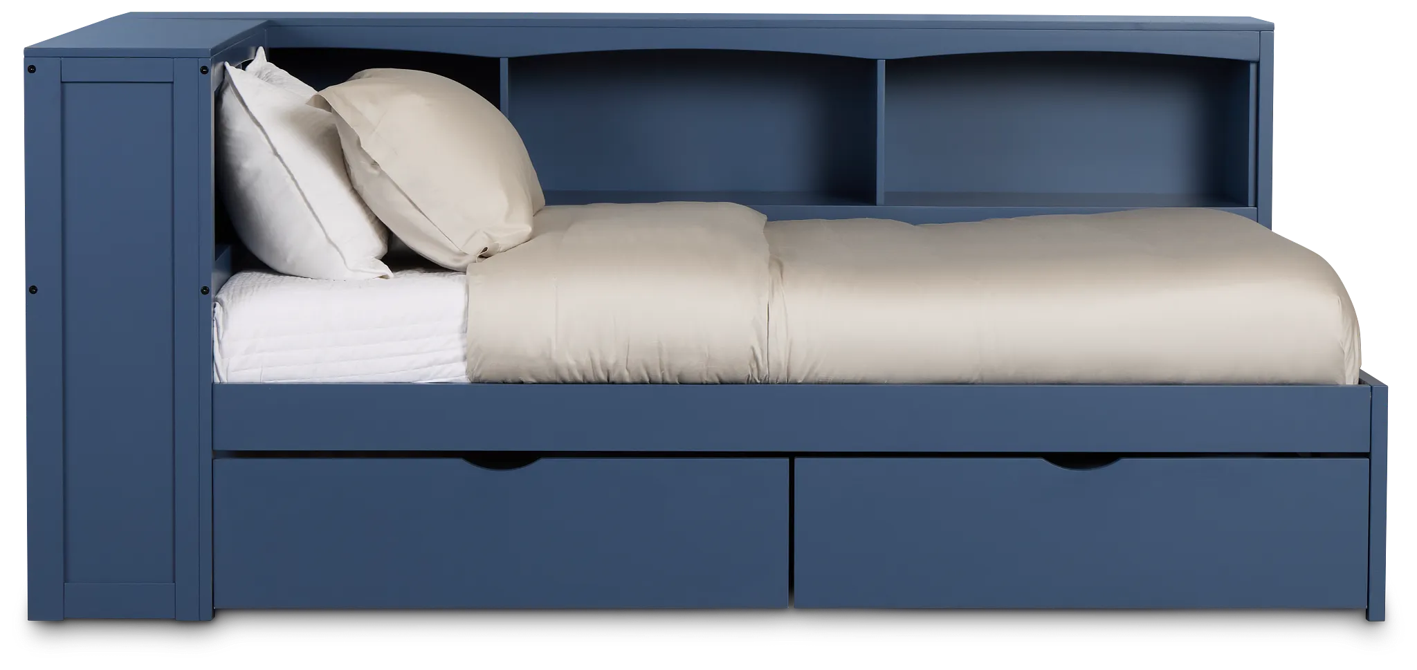 Charleston Dark Blue Corner Bookcase Bed With 2 Storage Drawers