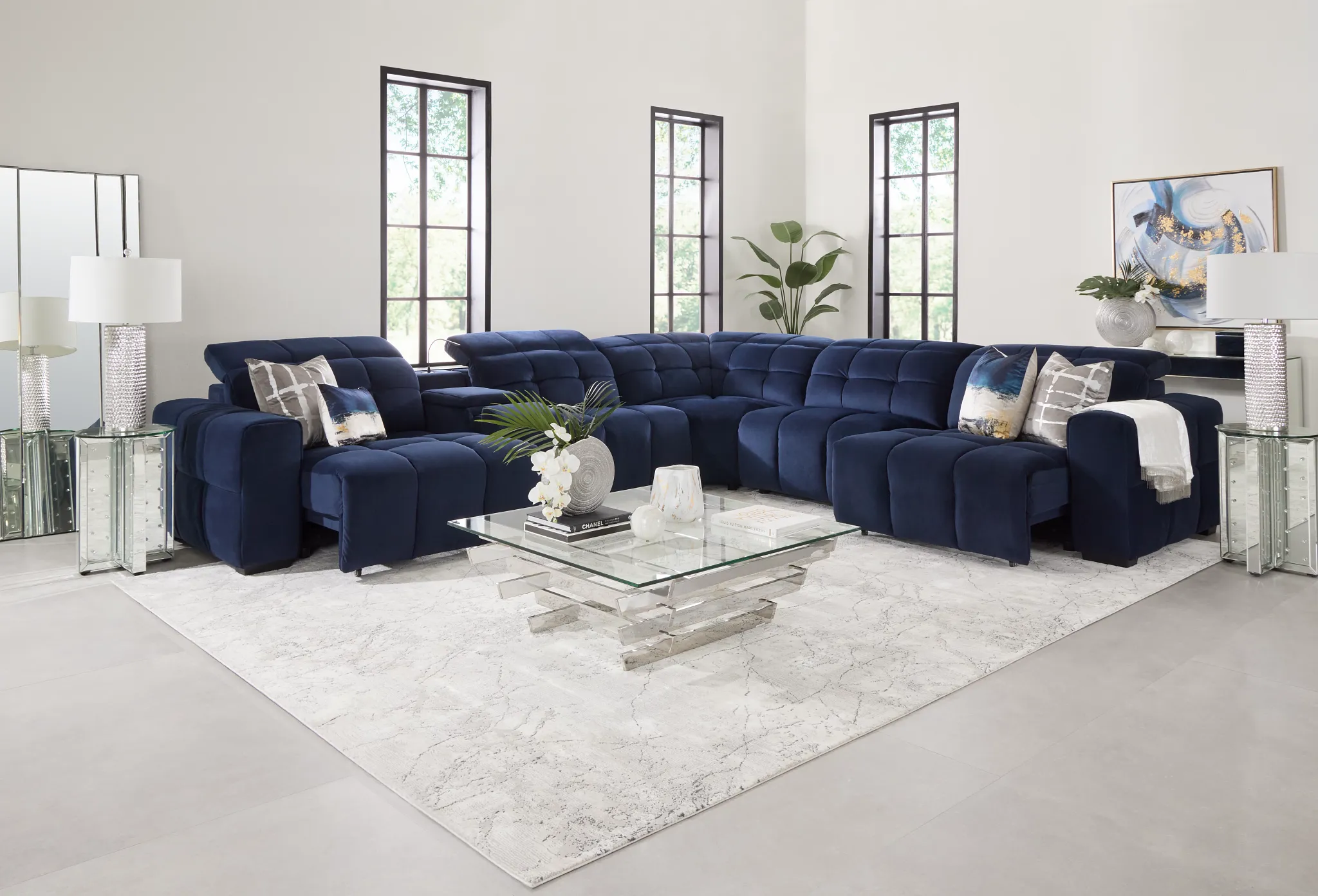 Gemma Navy Velvet Medium Triple Power Right Chaise Sectional