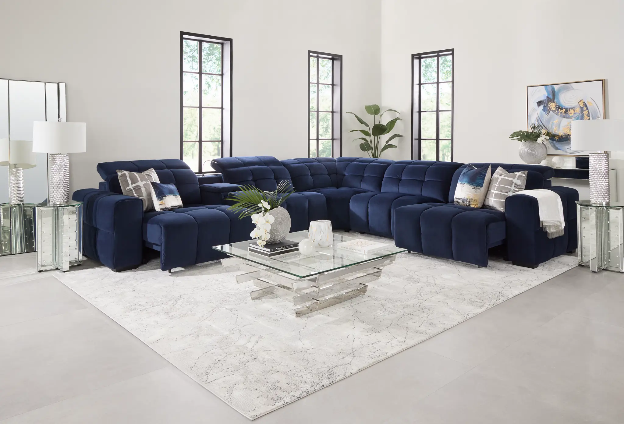 Gemma Navy Velvet Medium Triple Power Right Chaise Sectional Gemma Navy Velvet Medium Triple Power Right Chaise Sectional
