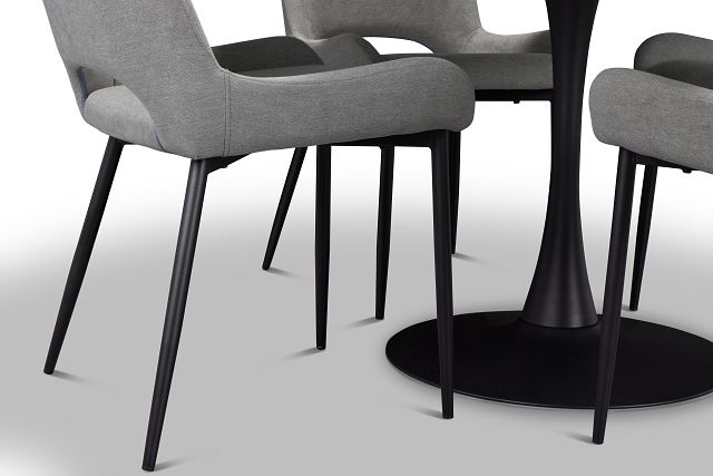 Brela Black Round Table & 4 Gray Upholstered Chairs