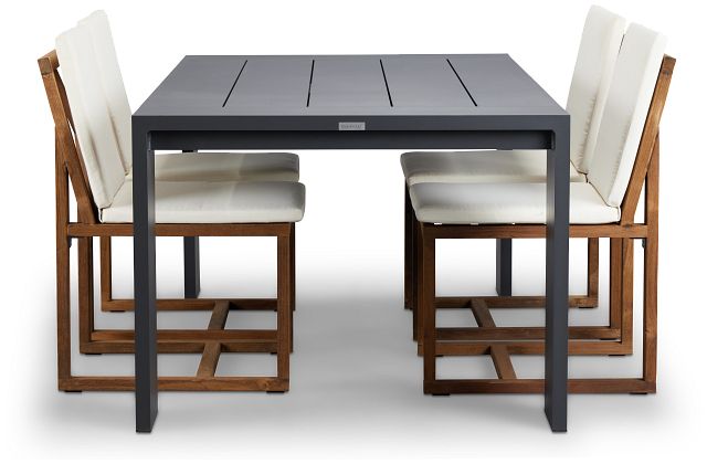 Linear Dark Gray White 70" Aluminum Table & 4 Teak Cushioned Side Chairs