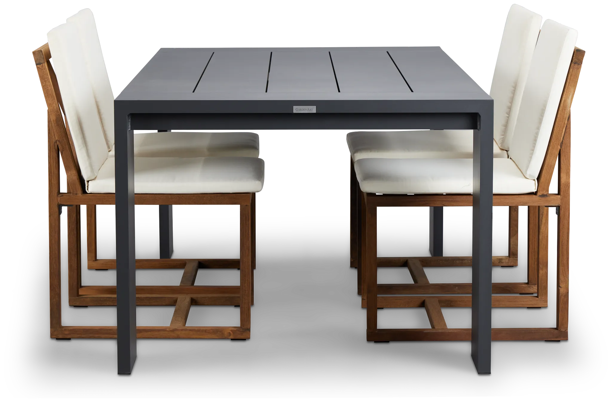 Linear Dark Gray White 70" Aluminum Table & 4 Teak Cushioned Side Chairs