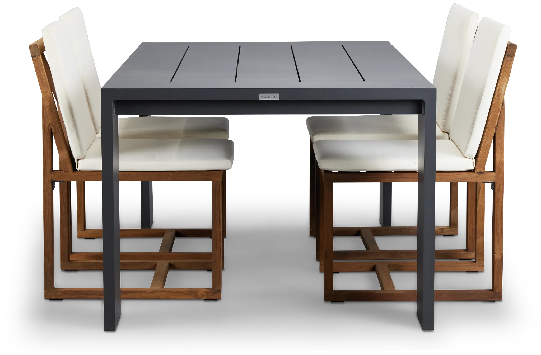 Linear Dark Gray White 70" Aluminum Table & 4 Teak Cushioned Side Chairs Linear Dark Gray White 70" Aluminum Table & 4 Teak Cushioned Side Chairs