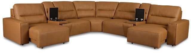 Rudy Brown Lthr/vinyl Large Dual Power 2 Arm Extension Chaise Sectional