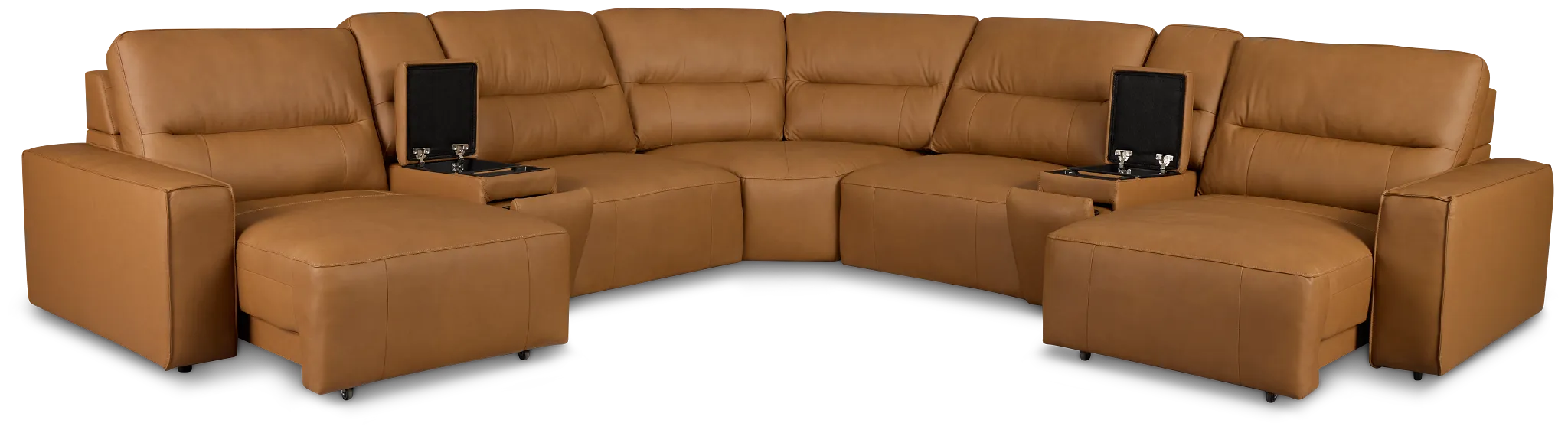 Rudy Brown Lthr/vinyl Large Dual Power 2 Arm Extension Chaise Sectional