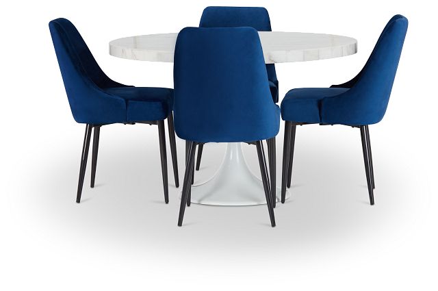 Violet Dark Blue 48" Round Table & 4 Upholstered Chairs