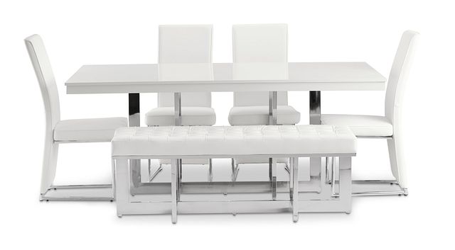 Cortina White Table, 4 Chairs & Bench