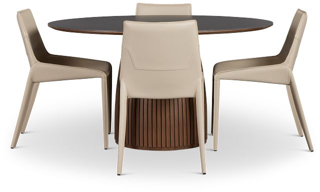 Wayne Two-tone Stone Round Table & 4 Light Beige Upholstered Chairs