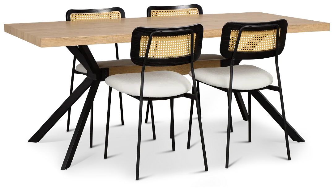 Lynden Light Tone Rect Table & 4 White Woven Upholstered Side Chairs