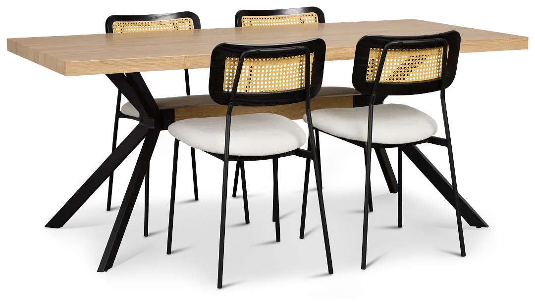 Lynden Light Tone Rect Table & 4 White Woven Upholstered Side Chairs Lynden Light Tone Rect Table & 4 White Woven Upholstered Side Chairs