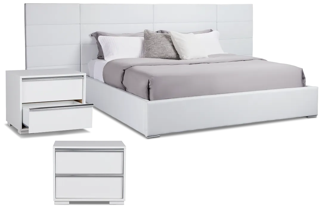 Doral White Uph Upholstered Spread Bed W/ 2 Nightstands