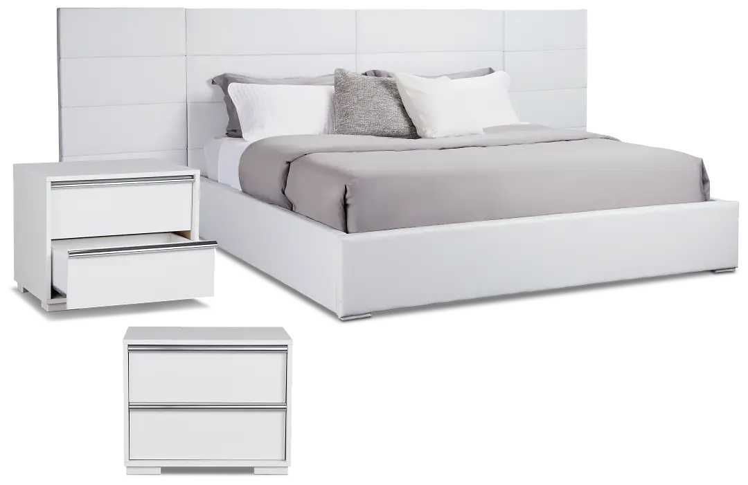 Doral White Uph Upholstered Spread Bed W/ 2 Nightstands Doral White Uph Upholstered Spread Bed W/ 2 Nightstands