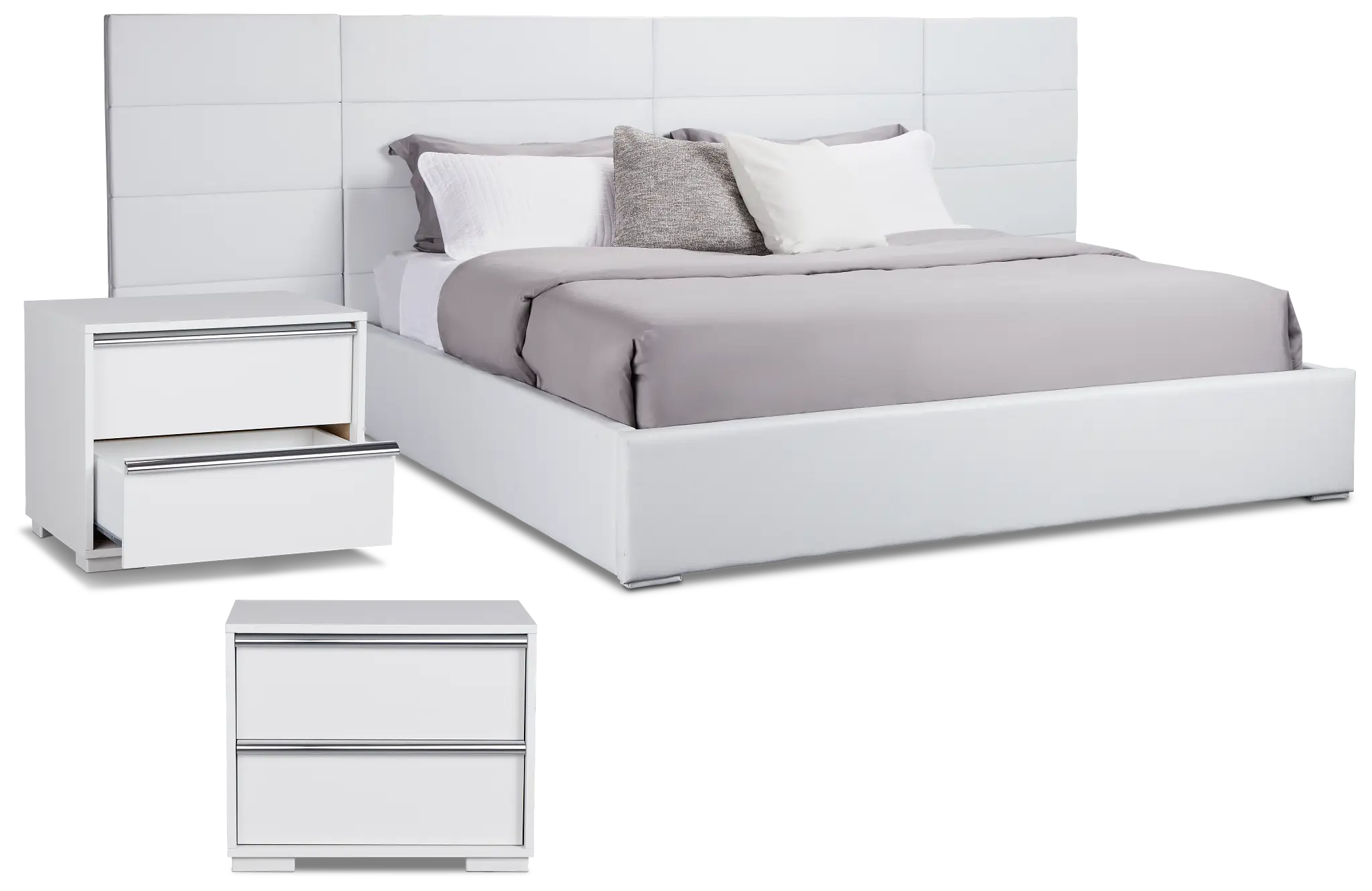 Doral White Uph Upholstered Spread Bed W/ 2 Nightstands Doral White Uph Upholstered Spread Bed W/ 2 Nightstands