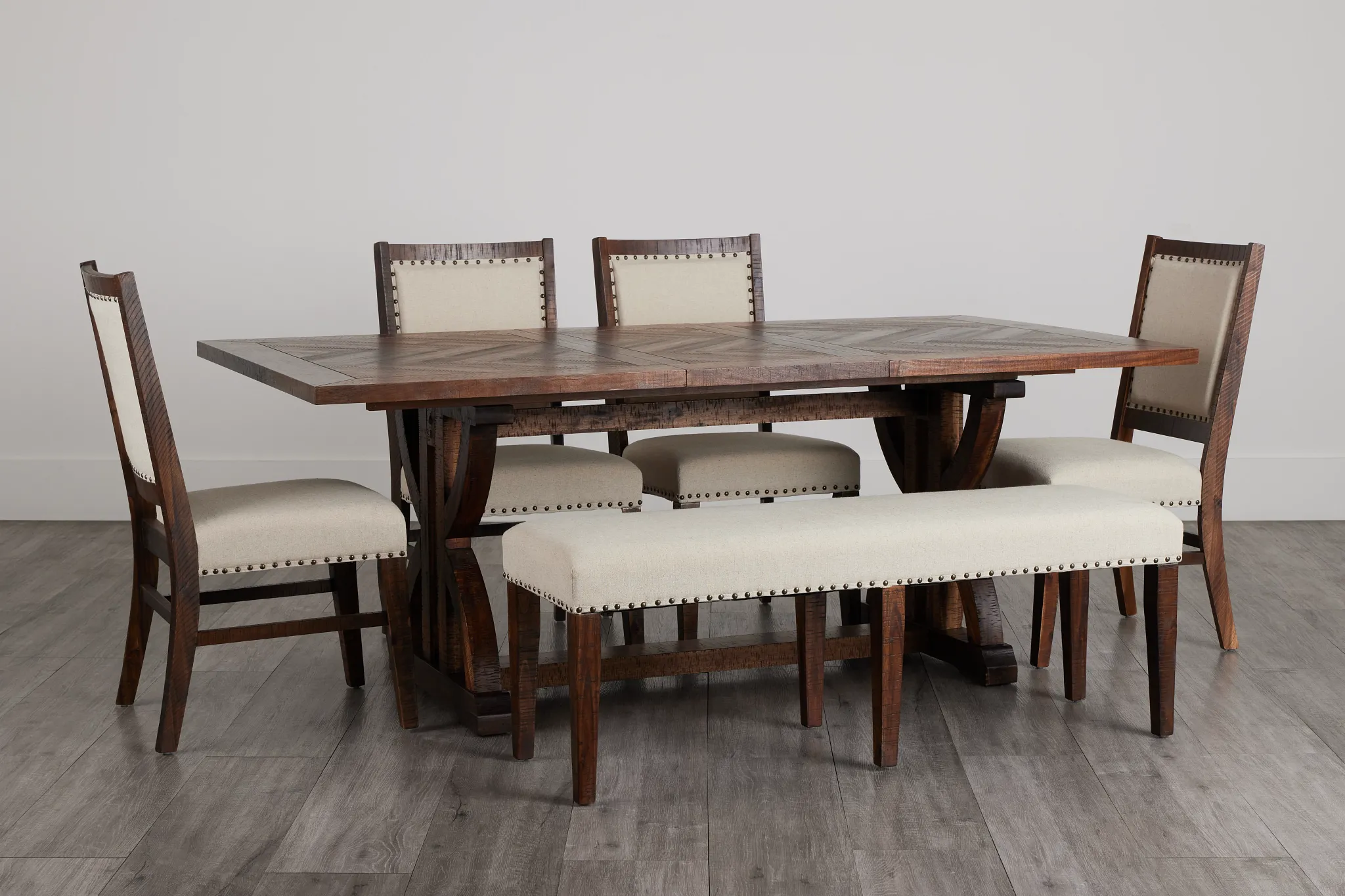 Joplin Dark Tone Extension Rectangular Table With 4 Side Chairs & Bench