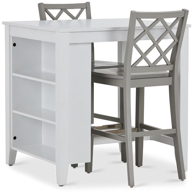 Edgartown Storage White High Table & 2 Light Gray Wood Barstools (1)