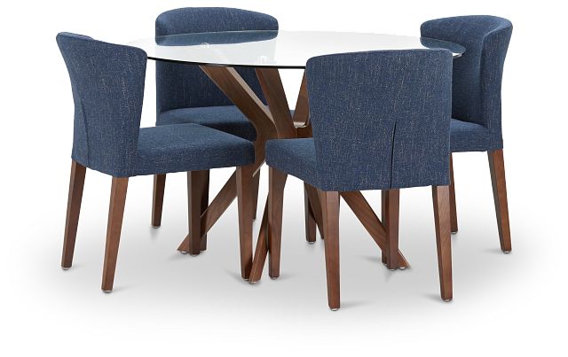 Fresno Glass Dk Blue Round Table & 4 Upholstered Chairs (1)
