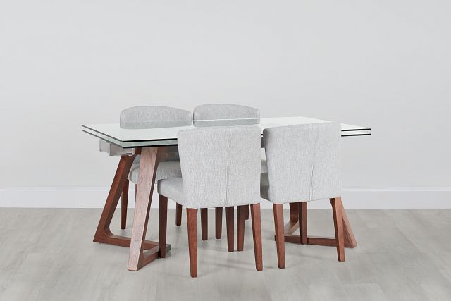 Fresno Glass Lt Gray Rectangular Table & 4 Upholstered Chairs (0)