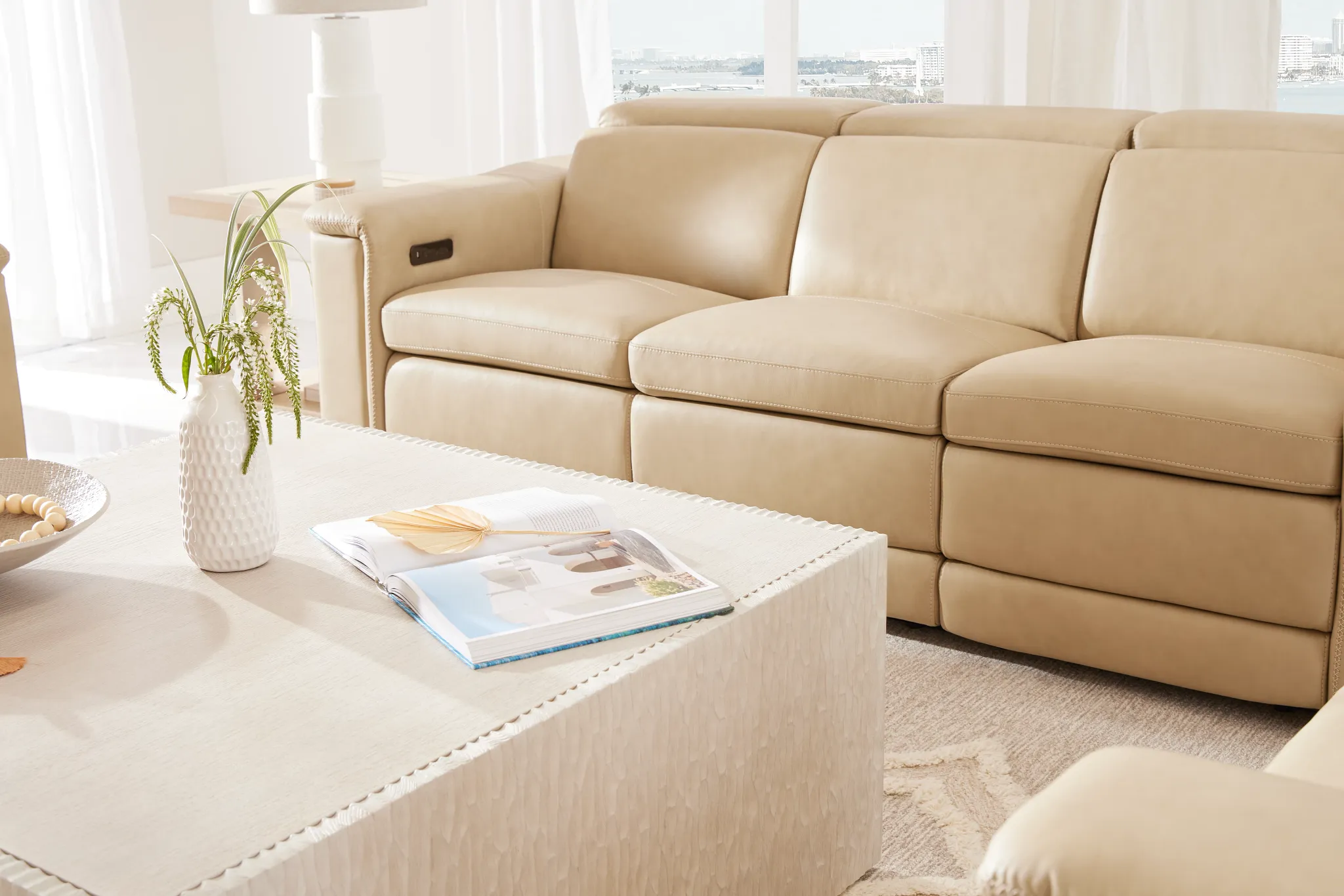 Ainsley Beige Leather Power Reclining Sofa