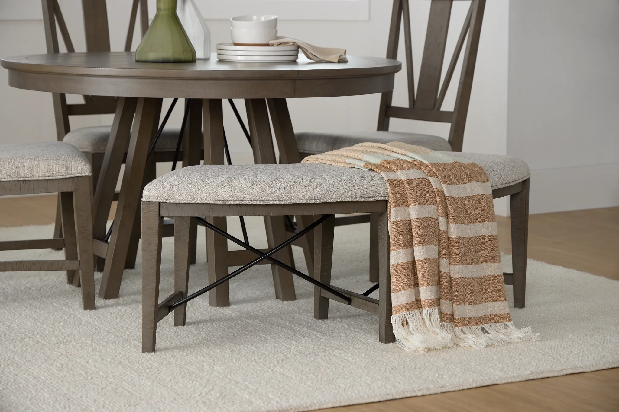 Heron Cove Light Tone Curved Upholstered Dining Bench