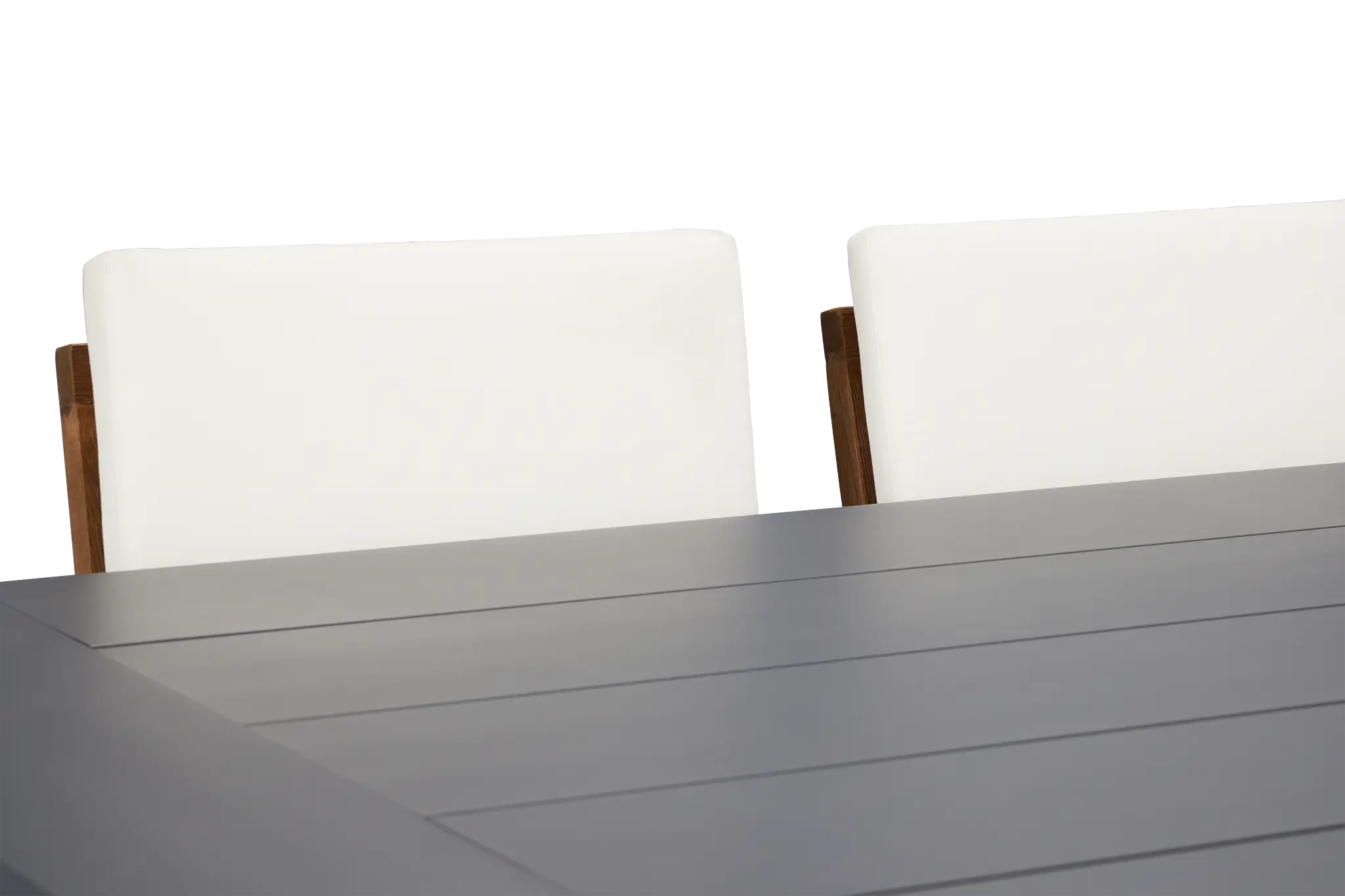 Linear Dark Gray White 70" Aluminum Table & 4 Teak Cushioned Side Chairs Linear Dark Gray White 70" Aluminum Table & 4 Teak Cushioned Side Chairs