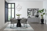 Merrick Black Round Table With 4 Gray Upholstered Side Chairs