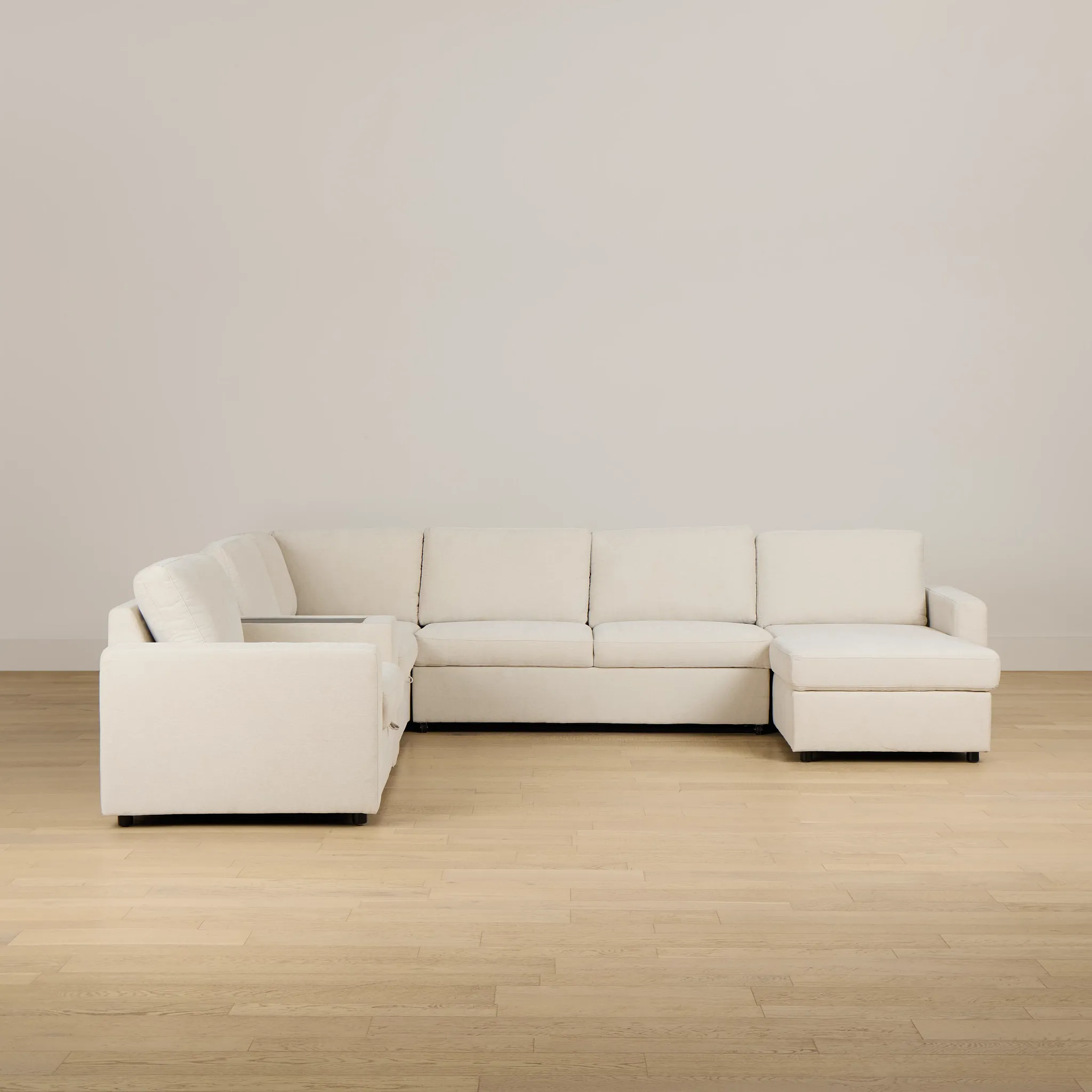 Addie Beige Fabric Medium Right Chaise Sleeper Sectional With Console