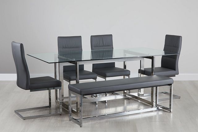 Bronx Glass Gray Table, 4 Chairs & Bench (0)