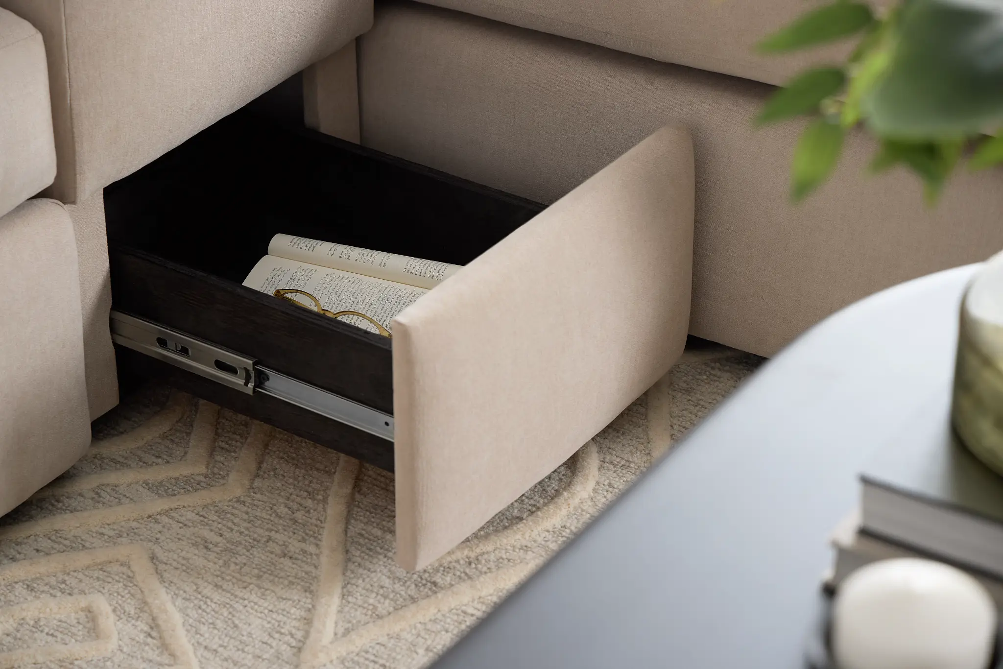 Citymod Beige Fabric Large Right Chaise Sectional With Storage Console Citymod Beige Fabric Large Right Chaise Sectional With Storage Console