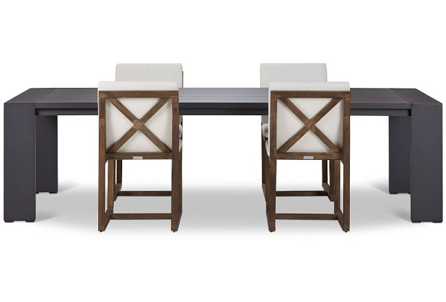 Linear Dark Gray White 110" Aluminum Table & 4 Teak Cushioned Side Chairs