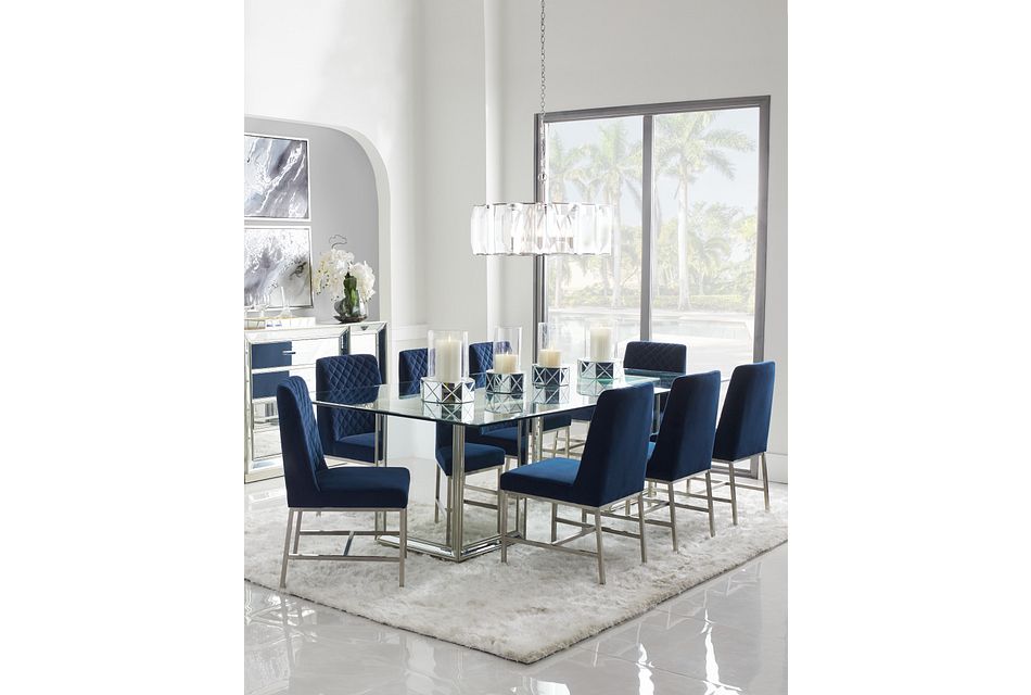 Monroe Dark Blue Glass Table 4 Velvet, Blue Dining Room Set With Bench