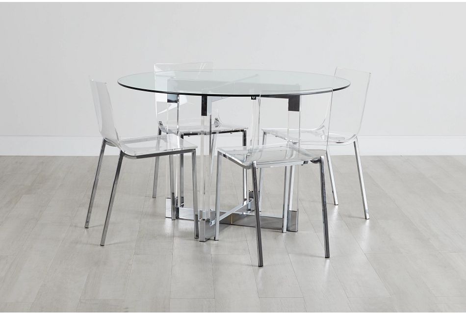 Denmark Glass Round Table 4 Acrylic, Round Glass Table And 4 Grey Chairs