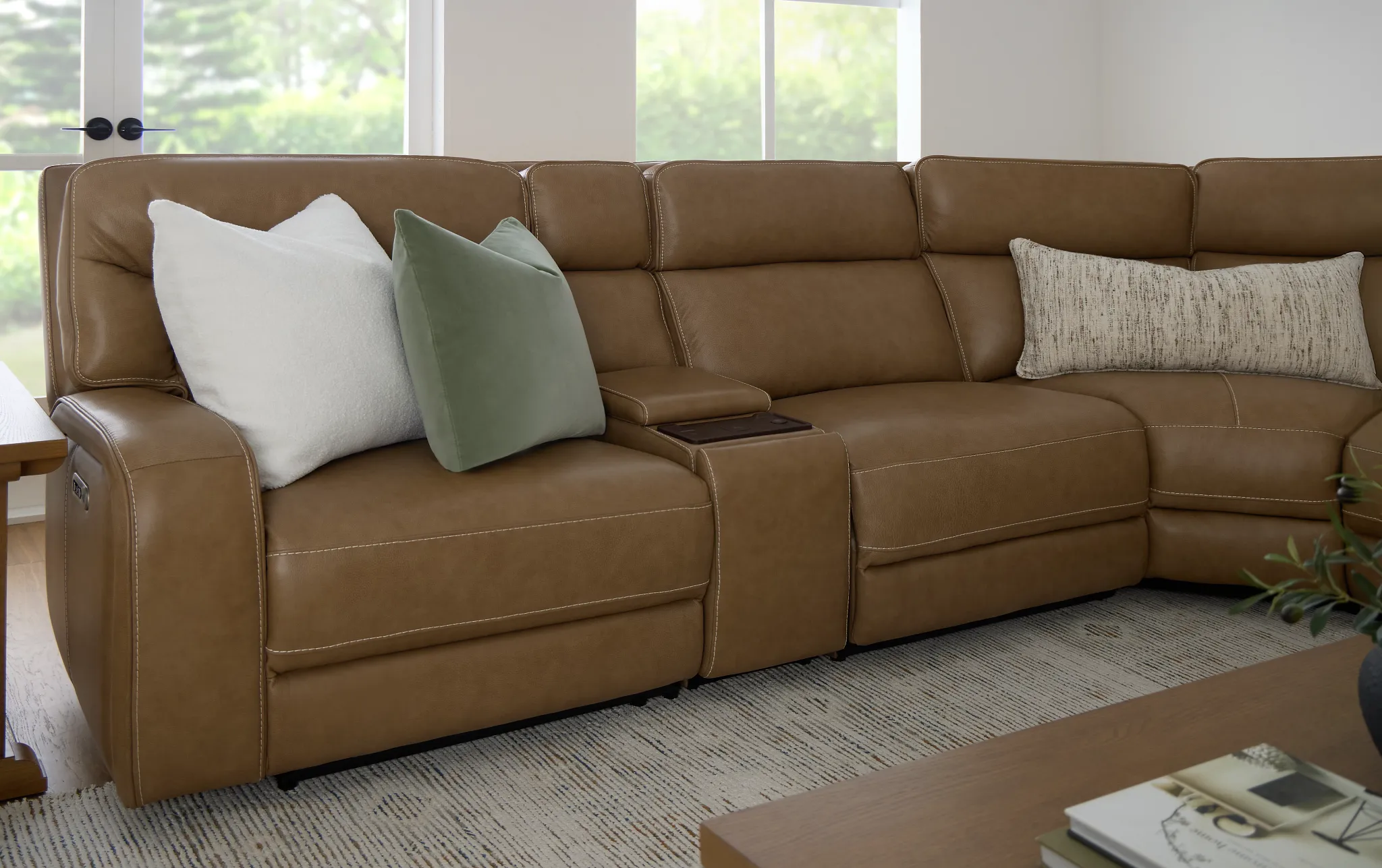 Jasper Light Brown Leather Medium Dual Power 2-arm Reclining Sectional