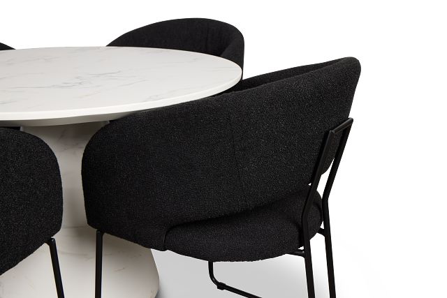 Merrick White Round Table With 4 Black Upholstered Side Chairs