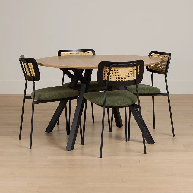 Lynden Light Tone Round Table & 4 Green Woven Upholstered Side Chairs