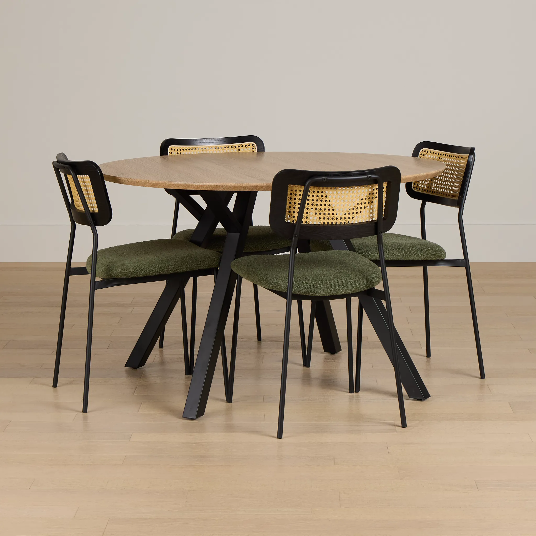 Lynden Light Tone Round Table & 4 Green Woven Upholstered Side Chairs