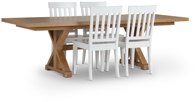 Nantucket Light Tone Trestle Table & 4 White Wood Chairs