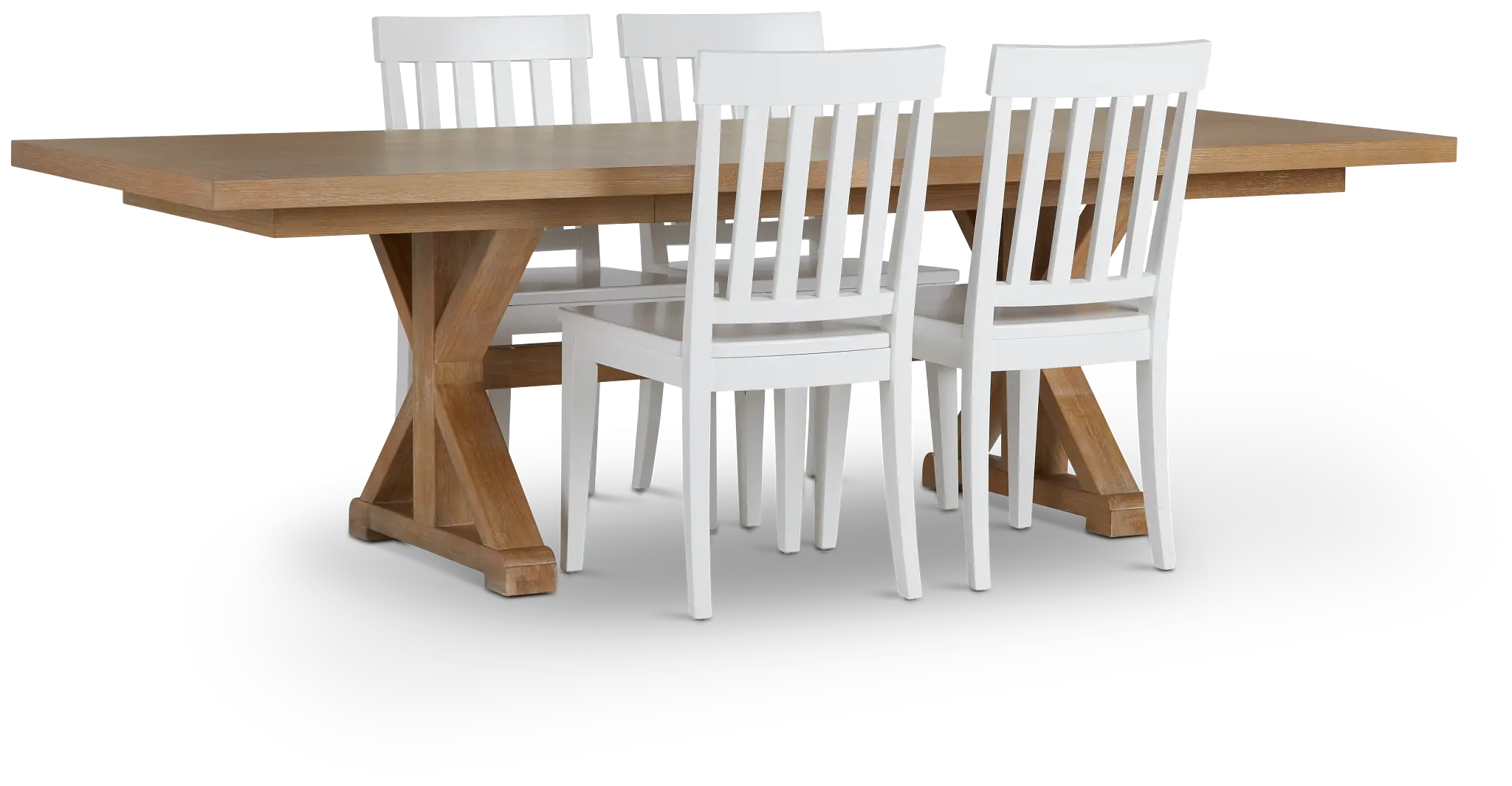 Nantucket Light Tone Trestle Table & 4 White Wood Chairs Nantucket Light Tone Trestle Table & 4 White Wood Chairs