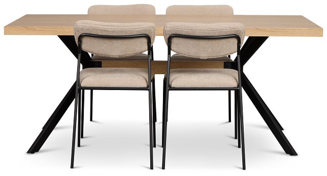 Lynden Light Tone Rect Table & 4 Beige Metal Upholstered Side Chairs