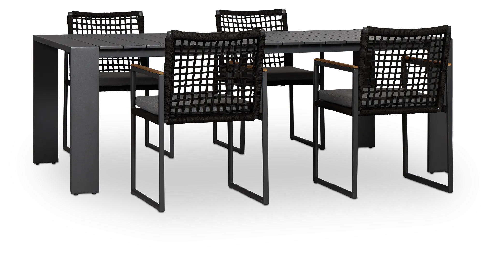 Sunrise Dark Gray 86" Rectangular Table & 4 Teak Arm Chairs