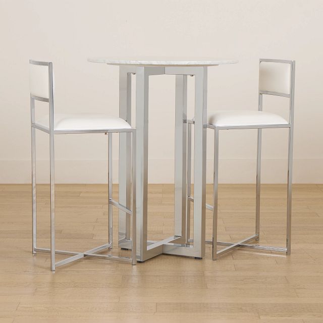Amalfi White Marble Pub Table & 2 Metal Barstools