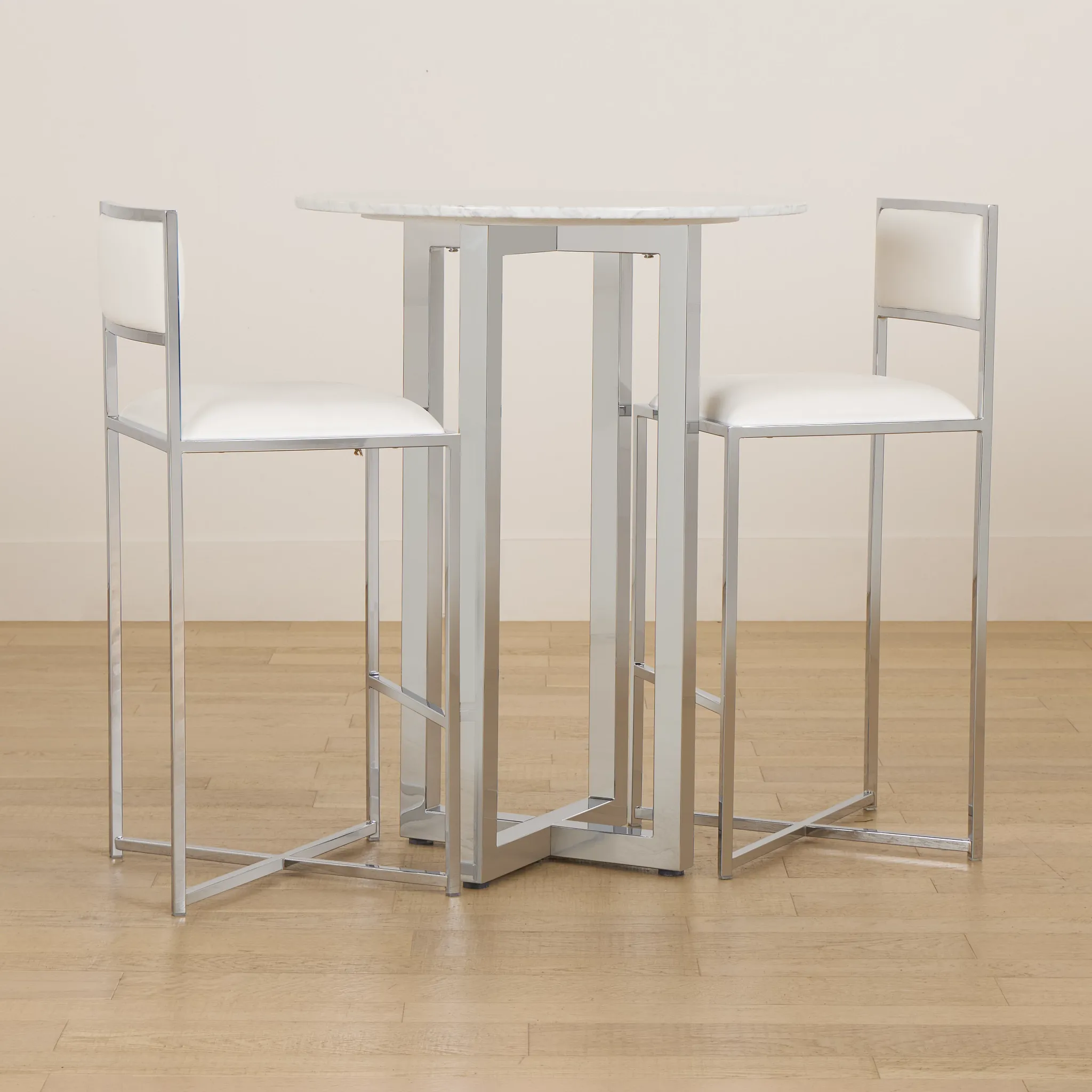 Amalfi White Marble Pub Table & 2 Metal Barstools