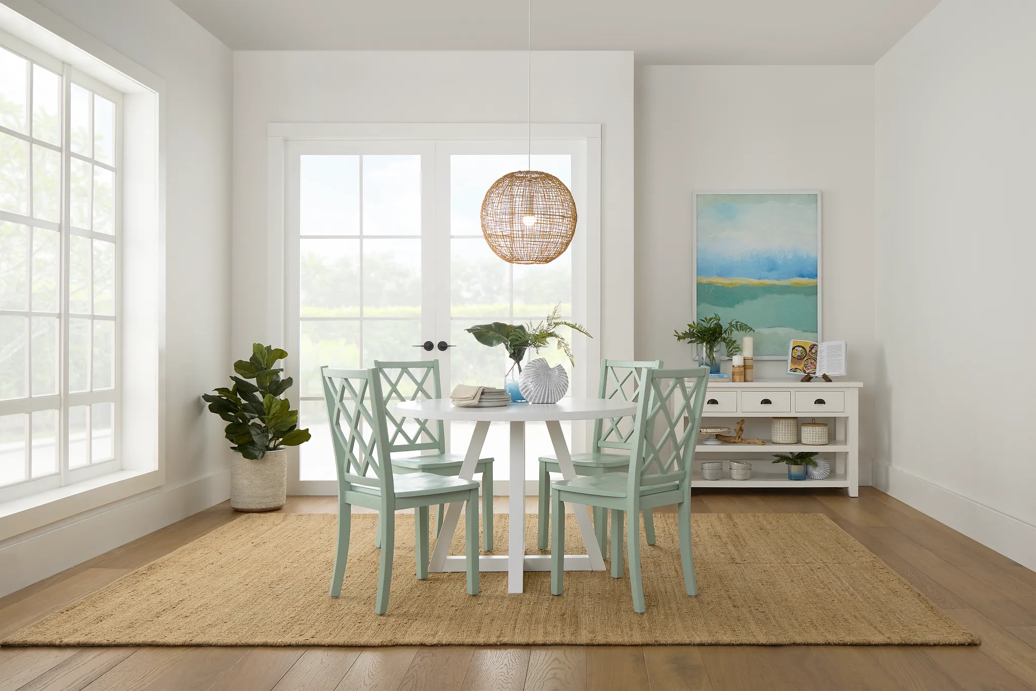 Edgartown White Round Table & 4 Light Blue Wood Chairs