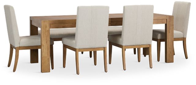 Tahoe Light Tone Rect Table With 4 Upholstered Side Chairs & Bench
