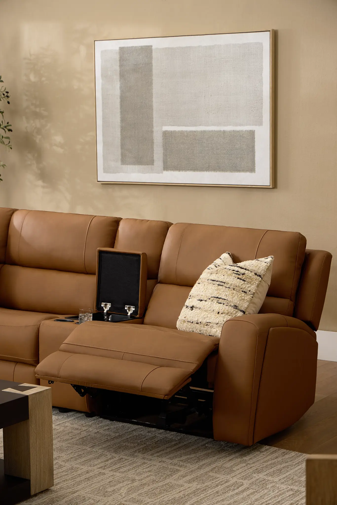 Summit Light Brown Lthr/vinyl Medium Dual Power 2-arm Reclining Sectional Summit Light Brown Lthr/vinyl Medium Dual Power 2-arm Reclining Sectional