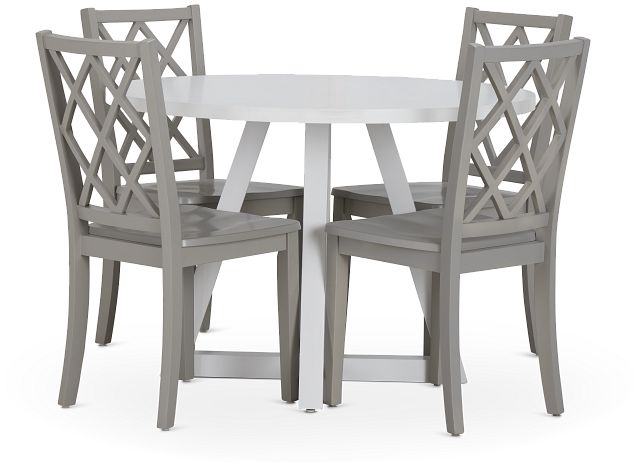 Edgartown White Round Table & 4 Light Gray Wood Chairs